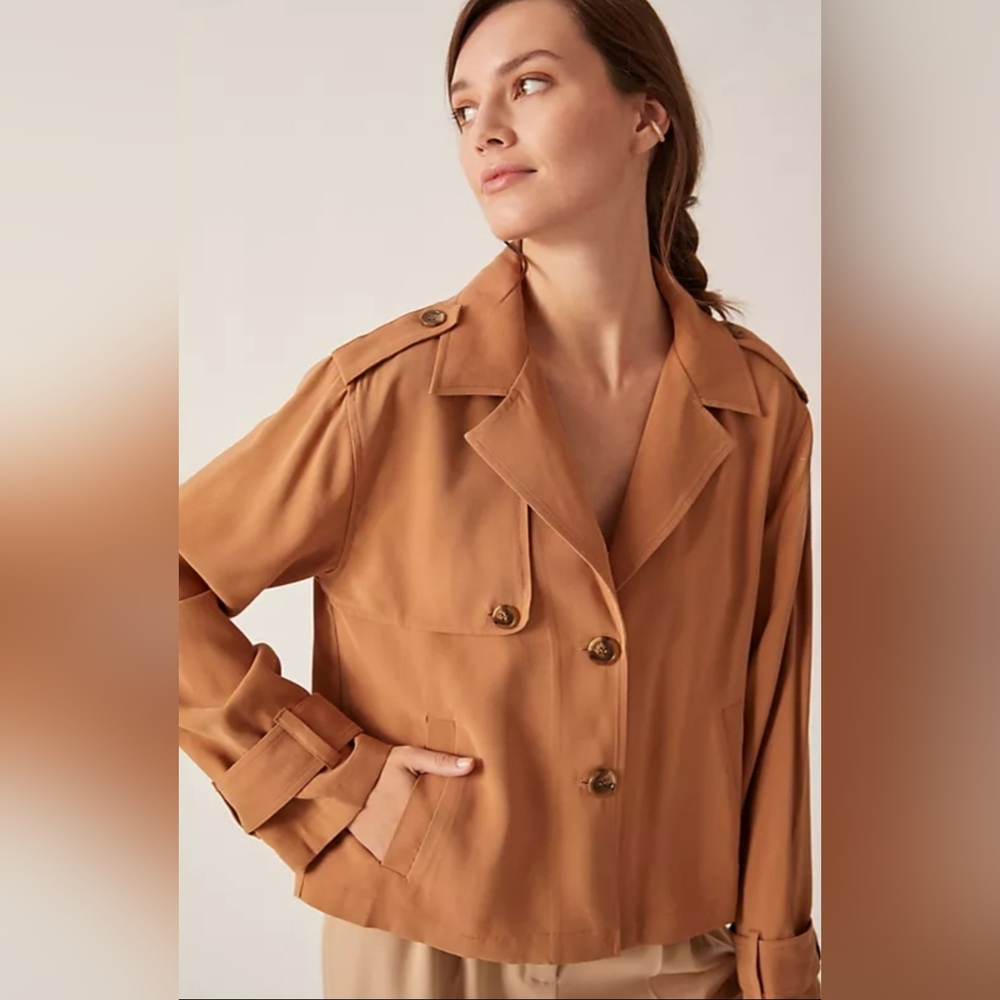 Anthropologie X Sanctuary Cropped Trench Coat Sz XXS Tan Slant Pockets Buttons - Picture 4 of 16